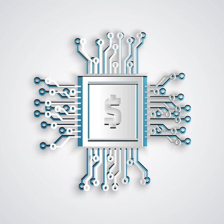 Paper cut Processor chip with dollar icon isolated on grey background. CPU, central processing unit, microchip, microcircuit, computer processor. Paper art style. Vector Illustrationのイラスト素材