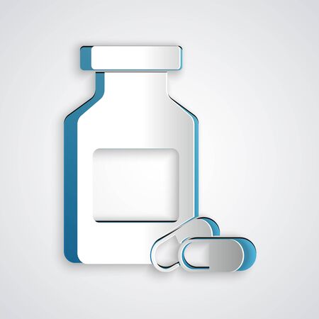 Paper cut Medicine bottle and pills icon isolated on grey background. Bottle pill sign. Pharmacy design. Paper art style. Vector Illustrationのイラスト素材