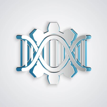Paper cut Genetic engineering icon isolated on grey background. DNA analysis, genetics testing, cloning, paternity testing. Paper art style. Vector Illustrationのイラスト素材