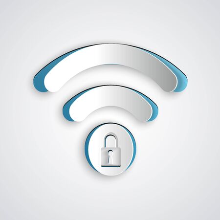 Paper cut Wifi locked sign icon isolated on grey background. Password Wifi symbol. Wireless Network icon. Wifi zone. Paper art style. Vector Illustrationのイラスト素材