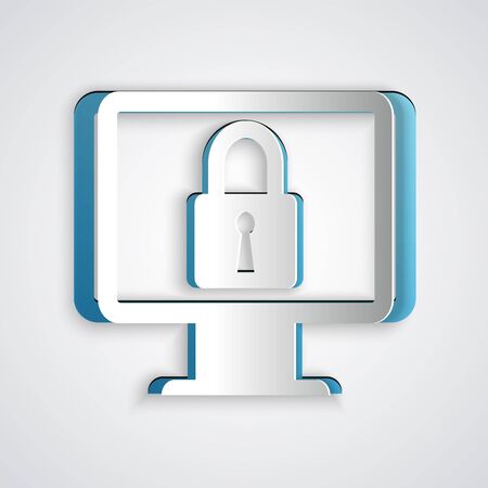 Paper cut Lock on computer monitor screen icon isolated on grey background. Monitor and padlock. Security, safety, protection concept. Safe internetwork. Paper art style. Vector Illustrationのイラスト素材