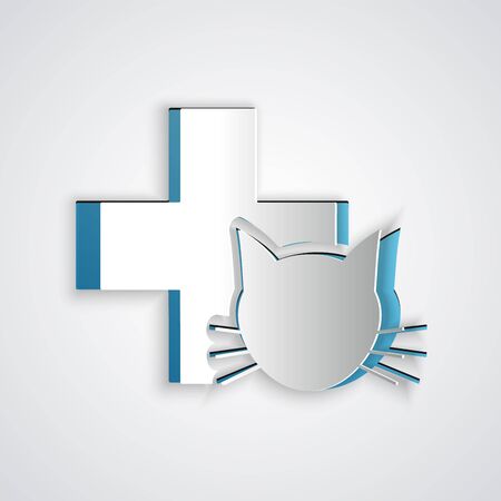Paper cut Veterinary clinic symbol icon isolated on grey background. Cross with cat veterinary care. Pet First Aid sign. Paper art style. Vector Illustrationのイラスト素材
