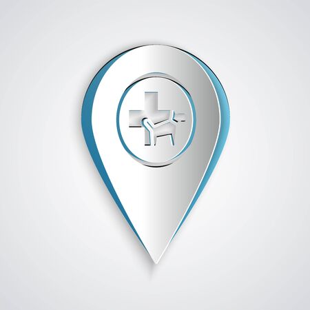 Paper cut Map pointer with veterinary medicine hospital, clinic or pet shop for animals icon isolated on grey background. Vet or veterinarian clinic. Paper art style. Vector Illustrationのイラスト素材