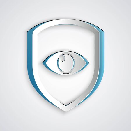 Paper cut Shield and eye icon isolated on grey background. Security, safety, protection, privacy concept. Paper art style. Vector Illustrationのイラスト素材