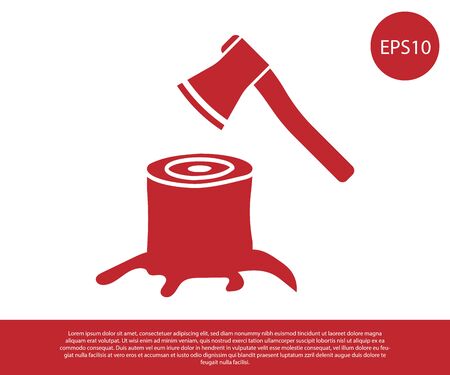 Red Wooden axe in stump icon isolated on white background. Lumberjack axe. Axe stuck in wood. Vector Illustrationのイラスト素材