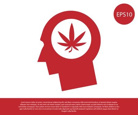 Red Silhouette of male head in profile with marijuana or cannabis leaf icon isolated on white background. Marijuana legalization. Hemp symbol. Vector Illustrationのイラスト素材