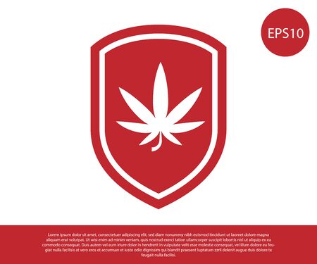Red Shield and marijuana or cannabis leaf icon isolated on white background. Marijuana legalization. Hemp symbol. Vector Illustrationのイラスト素材