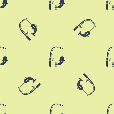 Blue Fishing rod and fish icon isolated seamless pattern on yellow background. Catch a big fish. Fishing equipment and fish farming topics. Vector Illustrationのイラスト素材