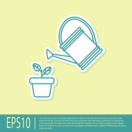 Green Watering can sprays water drops above plant in pot icon isolated on yellow background. Irrigation symbol. Vector Illustrationのイラスト素材