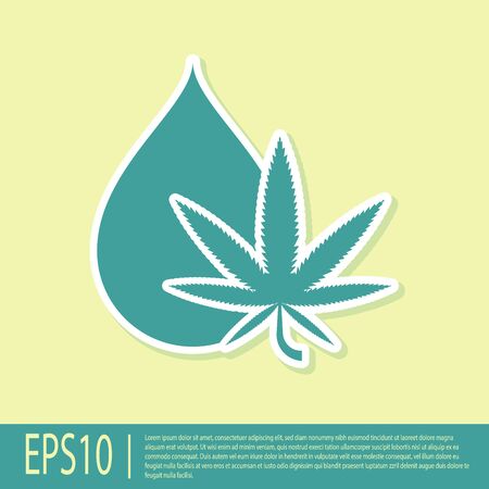 Green Medical marijuana or cannabis leaf olive oil drop icon isolated on yellow background. Cannabis extract. Hemp symbol. Vector Illustrationのイラスト素材