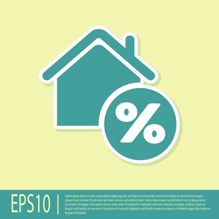 Green House with percent discount tag icon isolated on yellow background. House percentage sign price. Real estate home. Credit percentage symbol. Vector Illustrationのイラスト素材