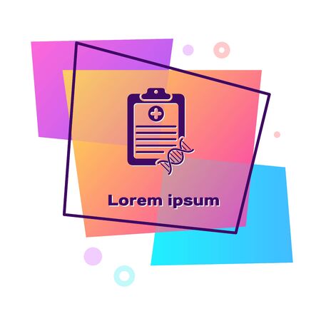 Purple Clipboard with DNA analysis icon isolated on white background. Genetic engineering, genetics testing, cloning, paternity testing. Color rectangle button. Vector Illustrationのイラスト素材
