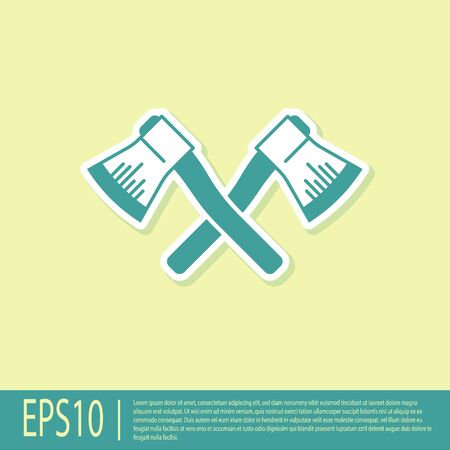 Green Crossed wooden axe icon isolated on yellow background. Lumberjack axe. Vector Illustrationのイラスト素材