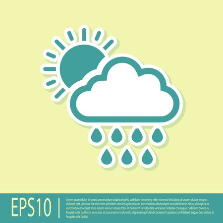 Green Cloud with rain and sun icon isolated on yellow background. Rain cloud precipitation with rain drops. Vector Illustrationのイラスト素材
