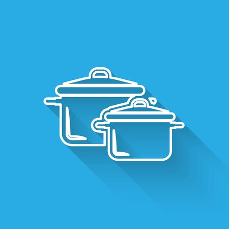 White line Cooking pot icon isolated with long shadow. Boil or stew food symbol. Vector Illustrationのイラスト素材