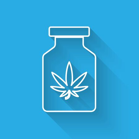 White line Medical bottle with marijuana or cannabis leaf icon isolated with long shadow. Mock up of cannabis oil extracts in jars. Vector Illustrationのイラスト素材