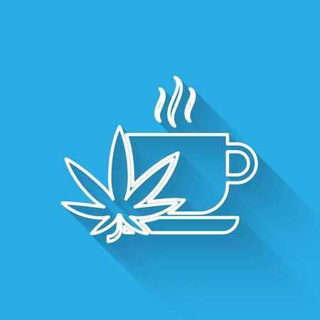 White line Cup tea with marijuana or cannabis leaf icon isolated with long shadow. Marijuana legalization. Hemp symbol. Vector Illustrationのイラスト素材