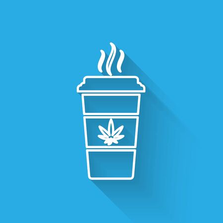 White line Cup coffee with marijuana or cannabis leaf icon isolated with long shadow. Marijuana legalization. Hemp symbol. Vector Illustrationのイラスト素材