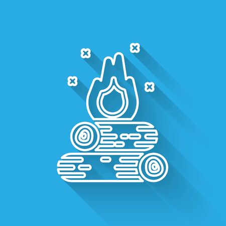 White line Campfire icon isolated with long shadow. Burning bonfire with wood. Vector Illustrationのイラスト素材