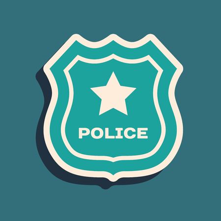 Green Police badge icon isolated on blue background. Sheriff badge sign. Long shadow style. Vector Illustrationのイラスト素材