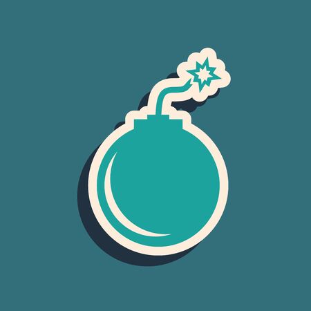 Green Bomb ready to explode icon isolated on blue background. Long shadow style. Vector Illustrationのイラスト素材