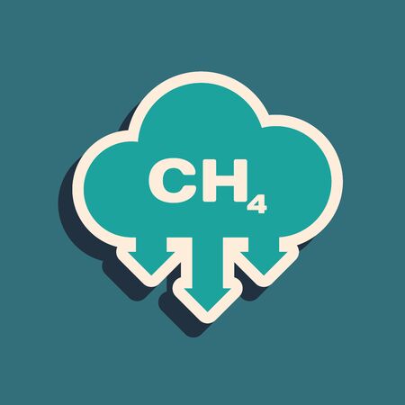 Green Methane emissions reduction icon isolated on blue background. CH4 molecule model and chemical formula. Marsh gas. Natural gas. Long shadow style. Vector Illustrationのイラスト素材
