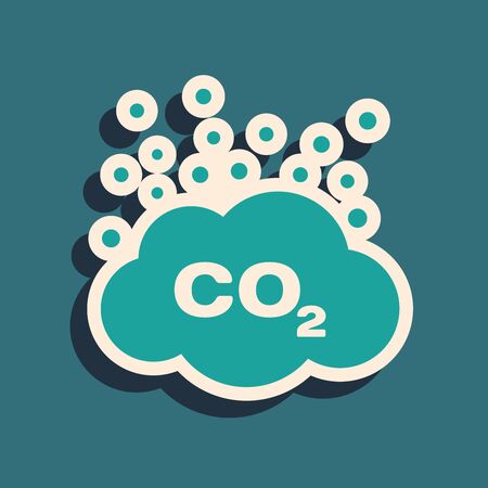 Green CO2 emissions in cloud icon isolated on blue background. Carbon dioxide formula symbol, smog pollution concept, environment concept. Long shadow style. Vector Illustrationのイラスト素材