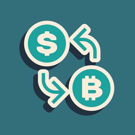 Green Cryptocurrency exchange icon isolated on blue background. Bitcoin to dollar exchange icon. Cryptocurrency technology, mobile banking. Long shadow style. Vector Illustrationのイラスト素材