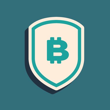 Green Shield with bitcoin icon isolated on blue background. Cryptocurrency mining, blockchain technology, security, protect, digital money. Long shadow style. Vector Illustrationのイラスト素材
