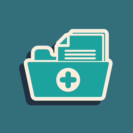 Green Medical health record folder for healthcare icon isolated on blue background. Patient file icon. Medical history symbol. Long shadow style. Vector Illustrationのイラスト素材