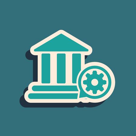 Green Bank building and gear icon isolated on blue background. Adjusting app, service concept, setting options, maintenance, repair, fixing. Long shadow style. Vector Illustrationのイラスト素材