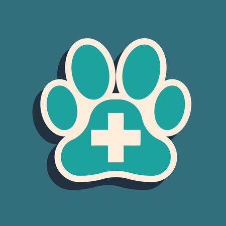 Green Veterinary clinic symbol icon isolated on blue background. Cross hospital sign. A stylized paw print dog or cat. Pet First Aid sign. Long shadow style. Vector Illustrationのイラスト素材
