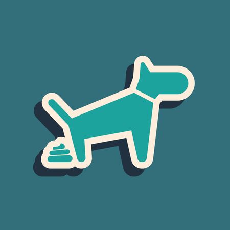 Green Dog pooping icon isolated on blue background. Dog goes to the toilet. Dog defecates. The concept of place for walking pets. Long shadow style. Vector Illustrationのイラスト素材