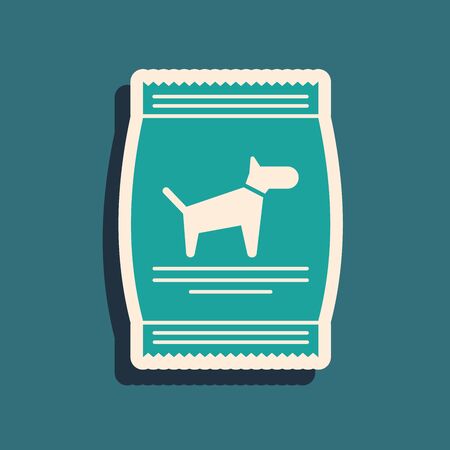 Green Bag of food for dog icon isolated on blue background. Food for animals. Pet food package. Long shadow style. Vector Illustrationのイラスト素材