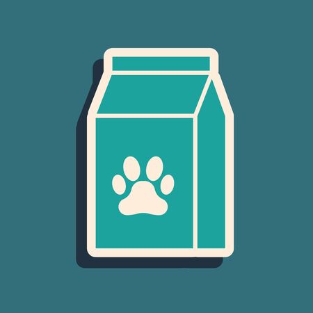 Green Bag of food for pet icon isolated on blue background. Food for animals. Pet food package. Dog or cat paw print. Long shadow style. Vector Illustrationのイラスト素材