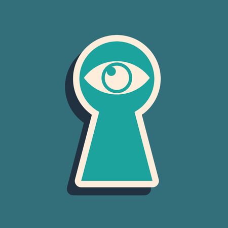 Green Keyhole with eye icon isolated on blue background. The eye looks into the keyhole. Keyhole eye hole. Long shadow style. Vector Illustrationのイラスト素材