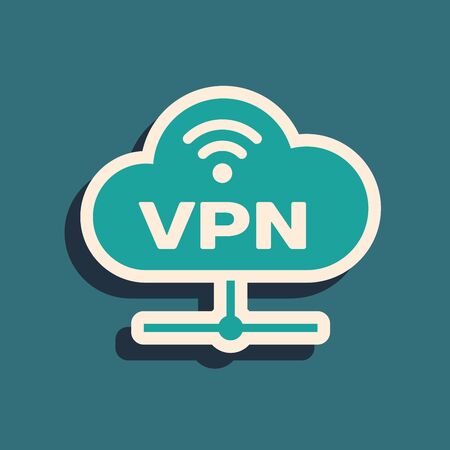 Green VPN Network cloud connection icon isolated on blue background. Social technology. Cloud computing concept. Long shadow style. Vector Illustrationのイラスト素材