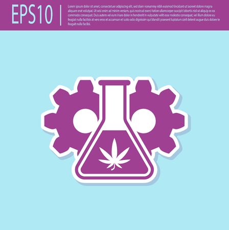 Retro purple Chemical test tube with marijuana or cannabis leaf icon isolated on turquoise background. Research concept. Laboratory CBD oil concept. Vector Illustrationのイラスト素材
