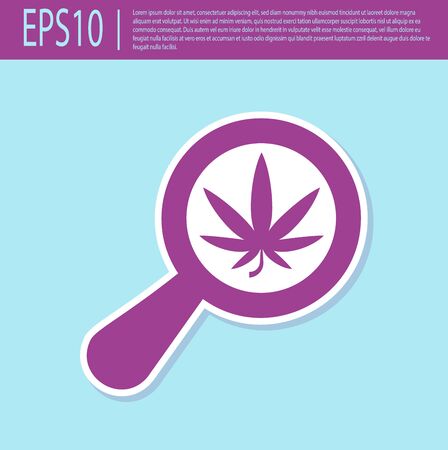 Retro purple Magnifying glass and medical marijuana or cannabis leaf icon isolated on turquoise background. Hemp symbol. Vector Illustrationのイラスト素材