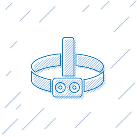 Blue line Head flashlight icon isolated on white background. Tourist head flashlight. Camping head light. Vector Illustrationのイラスト素材