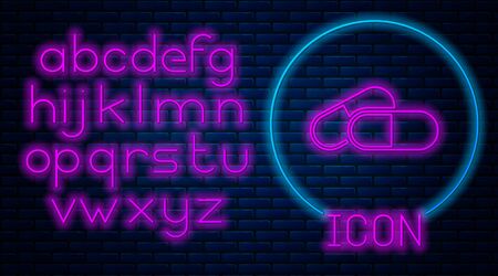 Glowing neon Medicine pill or tablet icon isolated on brick wall background. Capsule pill and drug sign. Pharmacy design. Neon light alphabet. Vector Illustrationのイラスト素材