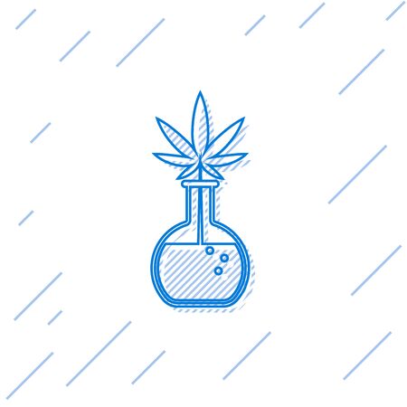 Blue line Chemical test tube with marijuana or cannabis leaf icon isolated on white background. Research concept. Laboratory CBD oil concept. Vector Illustrationのイラスト素材