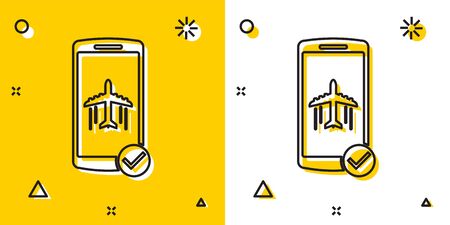 Black Flight mode in the mobile phone icon isolated on yellow and white background. Airplane or aeroplane flight offline mode passenger regulation airline . Random dynamic shapes. Vector Illustrationのイラスト素材