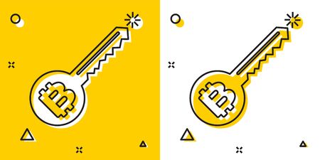Black Cryptocurrency key icon isolated on yellow and white background. Concept of cyber security or private key, digital key with technology interface. Random dynamic shapes. Vector Illustrationのイラスト素材