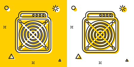 Black ASIC Miner icon isolated on yellow and white background. Cryptocurrency mining equipment and hardware. Application specific integrated circuit. Random dynamic shapes. Vector Illustrationのイラスト素材