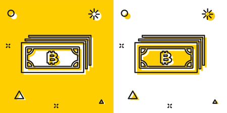 Black Cryptocurrency bitcoin in circle with microchip circuit icon isolated on yellow and white background. Blockchain technology, digital money market. Random dynamic shapes. Vector Illustrationのイラスト素材