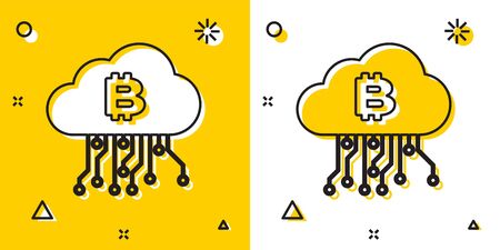 Black Cryptocurrency cloud mining icon isolated on yellow and white background. Blockchain technology, bitcoin, digital money market, cryptocoin wallet. Random dynamic shapes. Vector Illustrationのイラスト素材