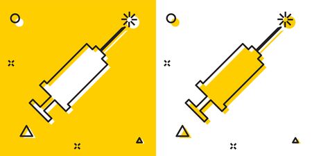 Black Syringe icon isolated on yellow and white background. Syringe for vaccine, vaccination, injection, flu shot. Medical equipment. Random dynamic shapes. Vector Illustrationのイラスト素材