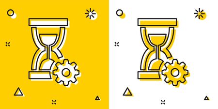 Black Hourglass and gear icon isolated on yellow and white background. Time Management symbol. Clock and gear icon. Productivity symbol. Random dynamic shapes. Vector Illustrationのイラスト素材