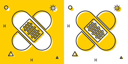 Black Crossed bandage plaster icon isolated on yellow and white background. Medical plaster, adhesive bandage, flexible fabric bandage. Random dynamic shapes. Vector Illustrationのイラスト素材